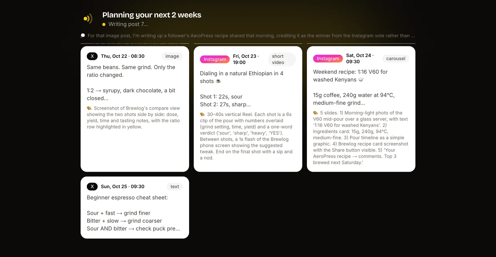 Founderloud writing two weeks of posts live, card by card