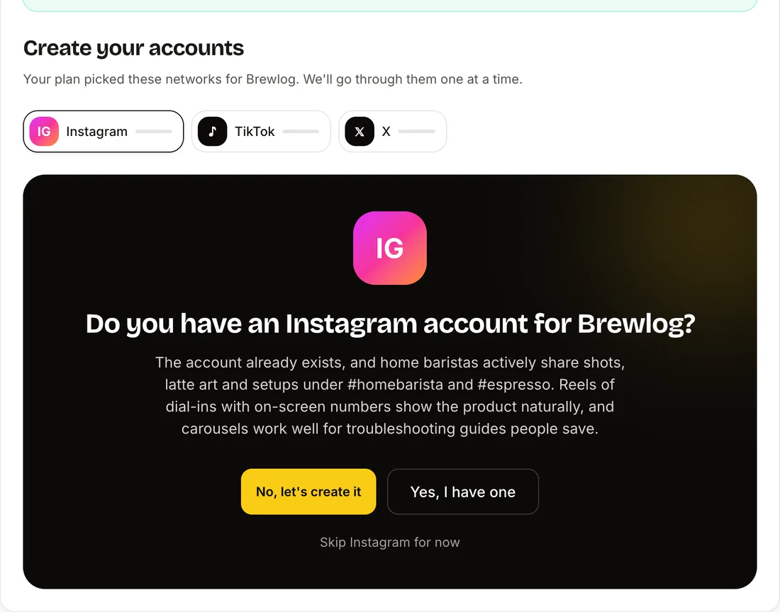 The account wizard asking about Instagram